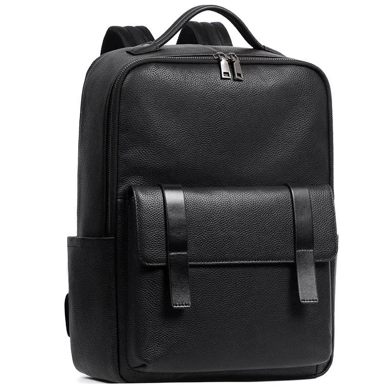 Black leather computer backpack with woven detailing and 36-55L capacity for business commute