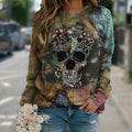 Black long sleeve sweatshirt featuring a large skull graphic print on the front.