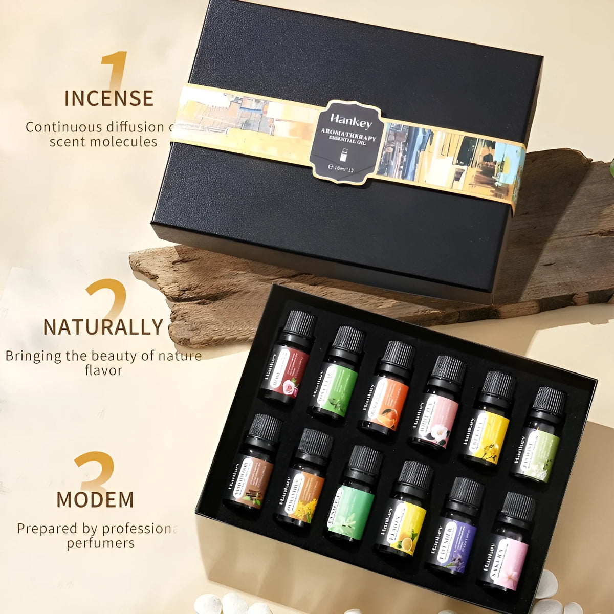 Boxed set of water-soluble aromatherapy essential oils for fresh air function, showing multiple bottles.
