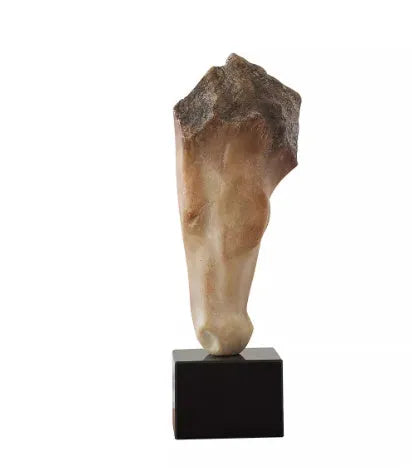 Tall abstract horse head sculpture with carved texture on a desk surface.