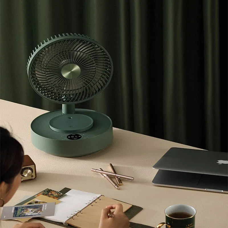Green and white storage floor electric fan with telescopic design showing desktop and vertical configurations