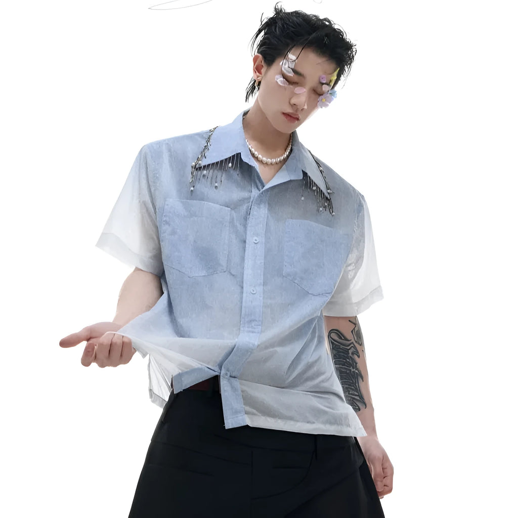 A loose-fitting men's blue to white gradient short-sleeve shirt for casual summer wear.