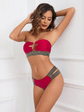 Women's tube top stitching split bikini swimwear set in polyester solid colour fabric