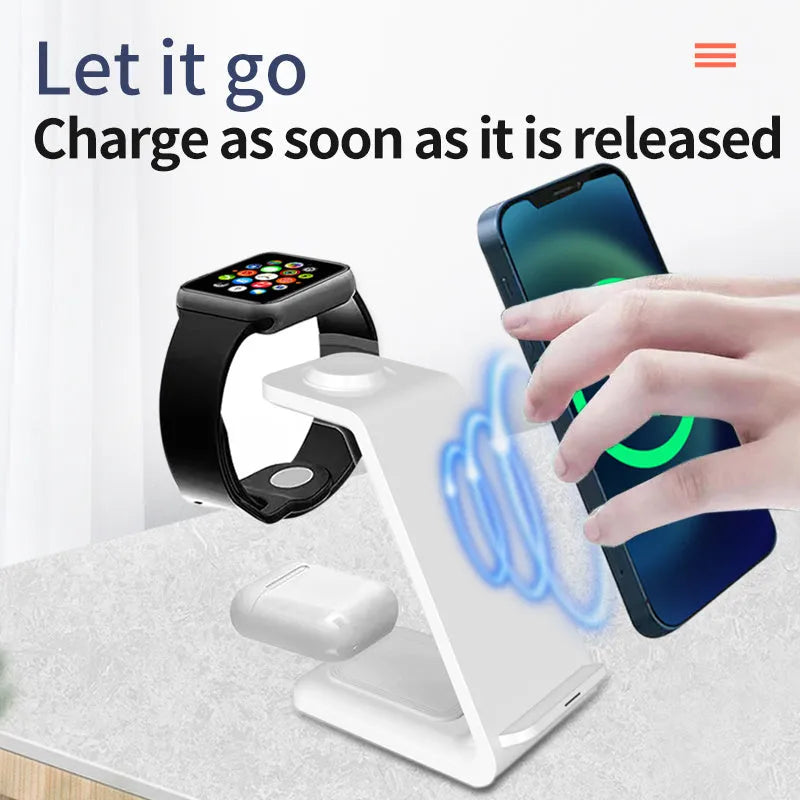 White 3-in-1 upright wireless phone charger with dual coil Qi technology and Type-C cable