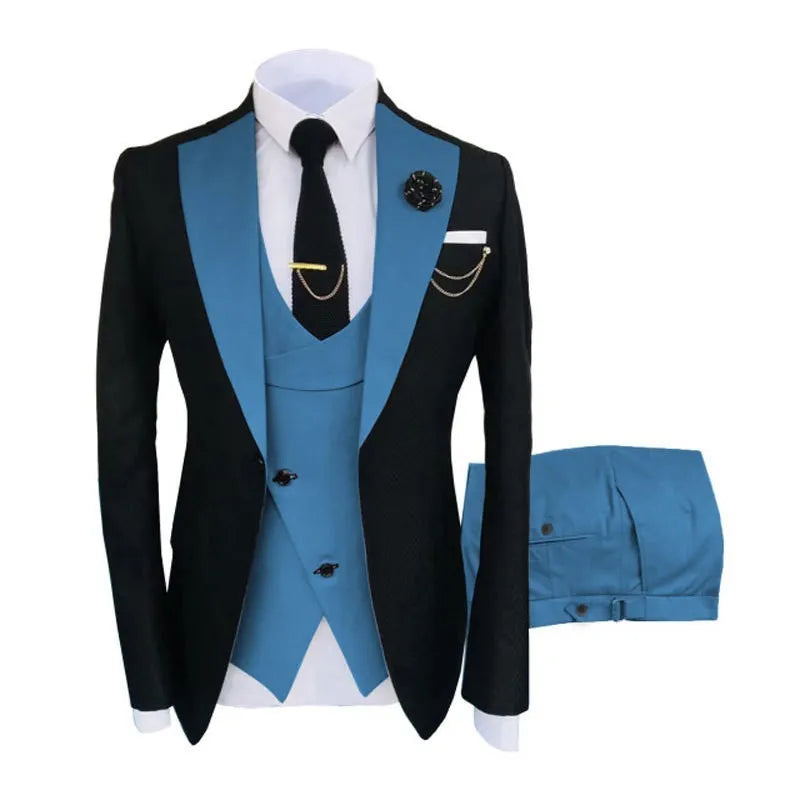 Men's slim fit cotton business suit in three pieces with vest for weddings