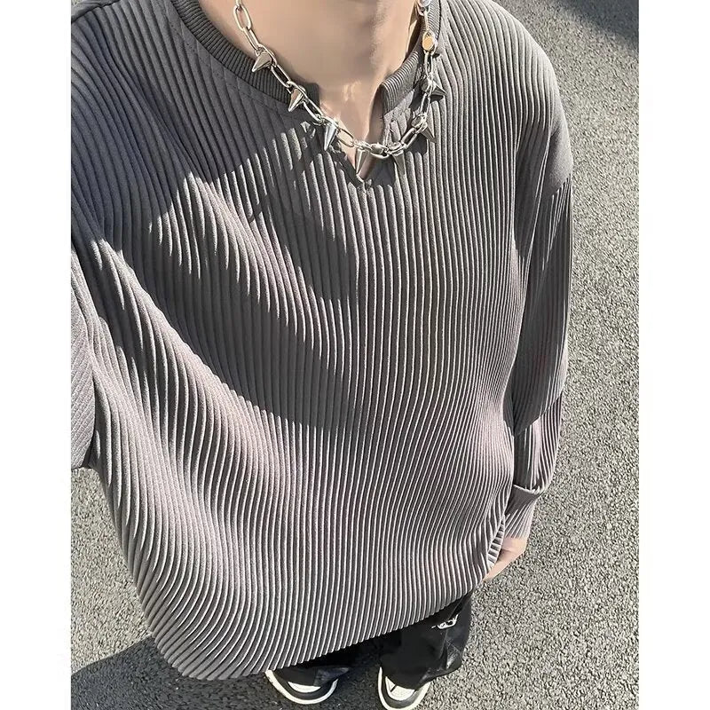 Plus size striped texture pullover top in loose fit with long sleeves