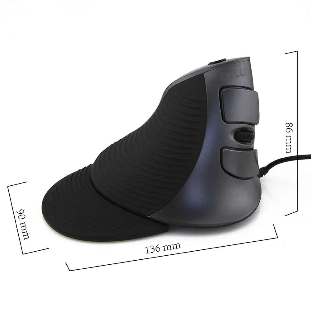 Black wired vertical ergonomic optical mouse for desktop computers on a desk