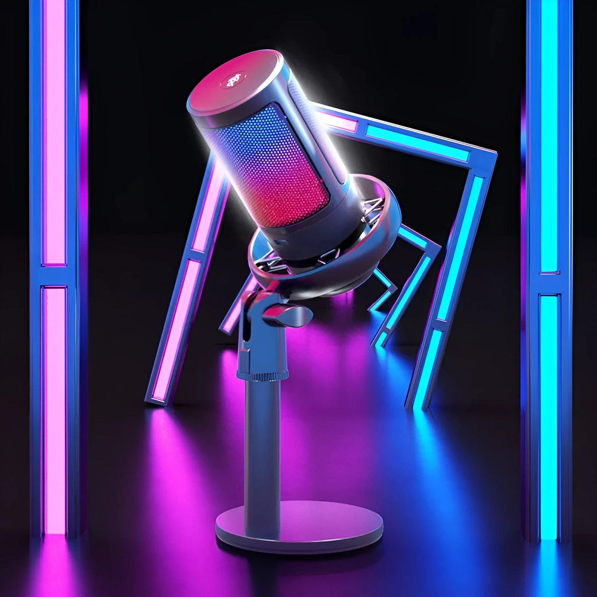 USB condenser microphone with RGB lighting effects and heart-shaped pickup pattern