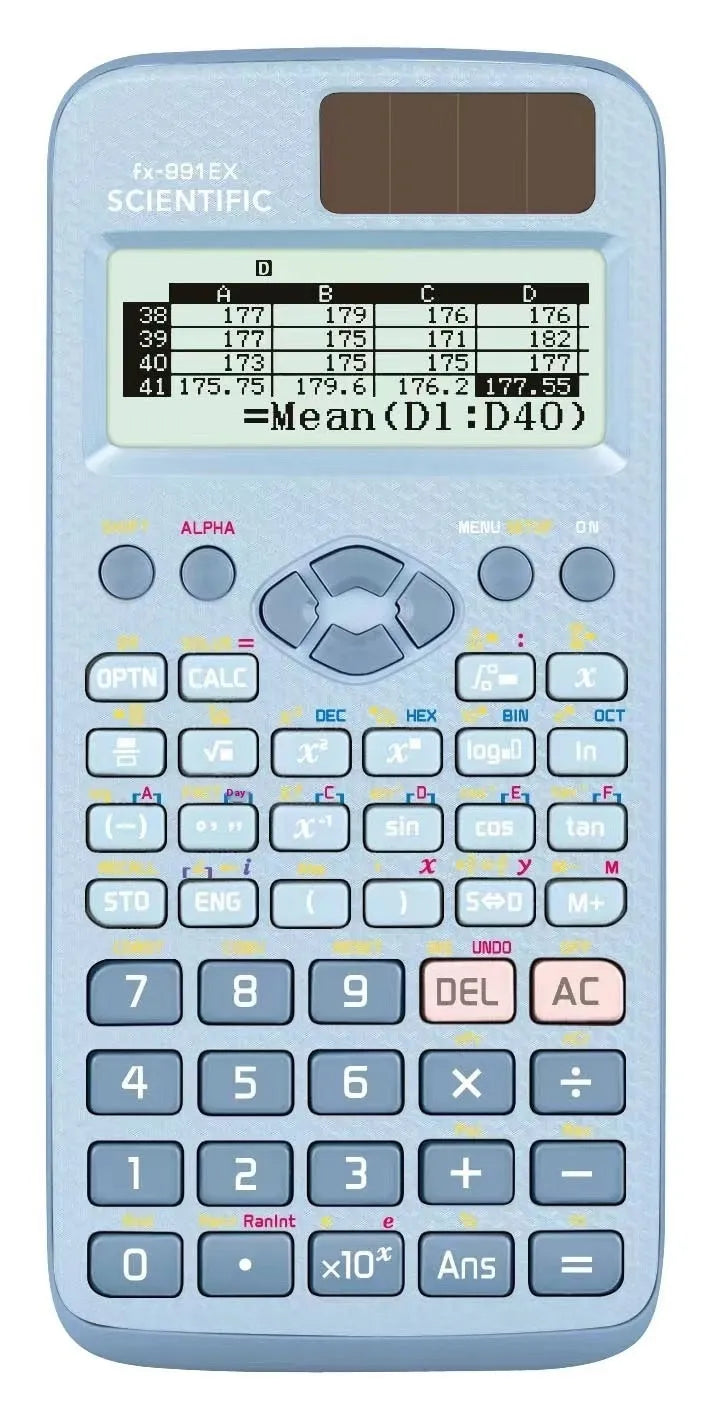 991EX scientific calculator with solar panel in black, blue, or pink colour options