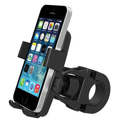 Black ABS plastic bicycle phone holder with dual-layer clamp and security rope for mobile phones.