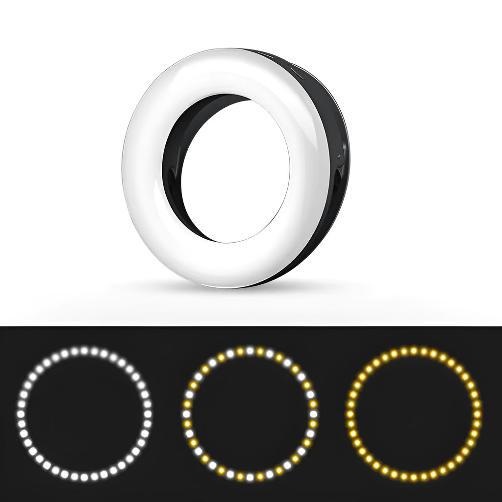 Black USB selfie ring light for mobile phone photography with adjustable brightness