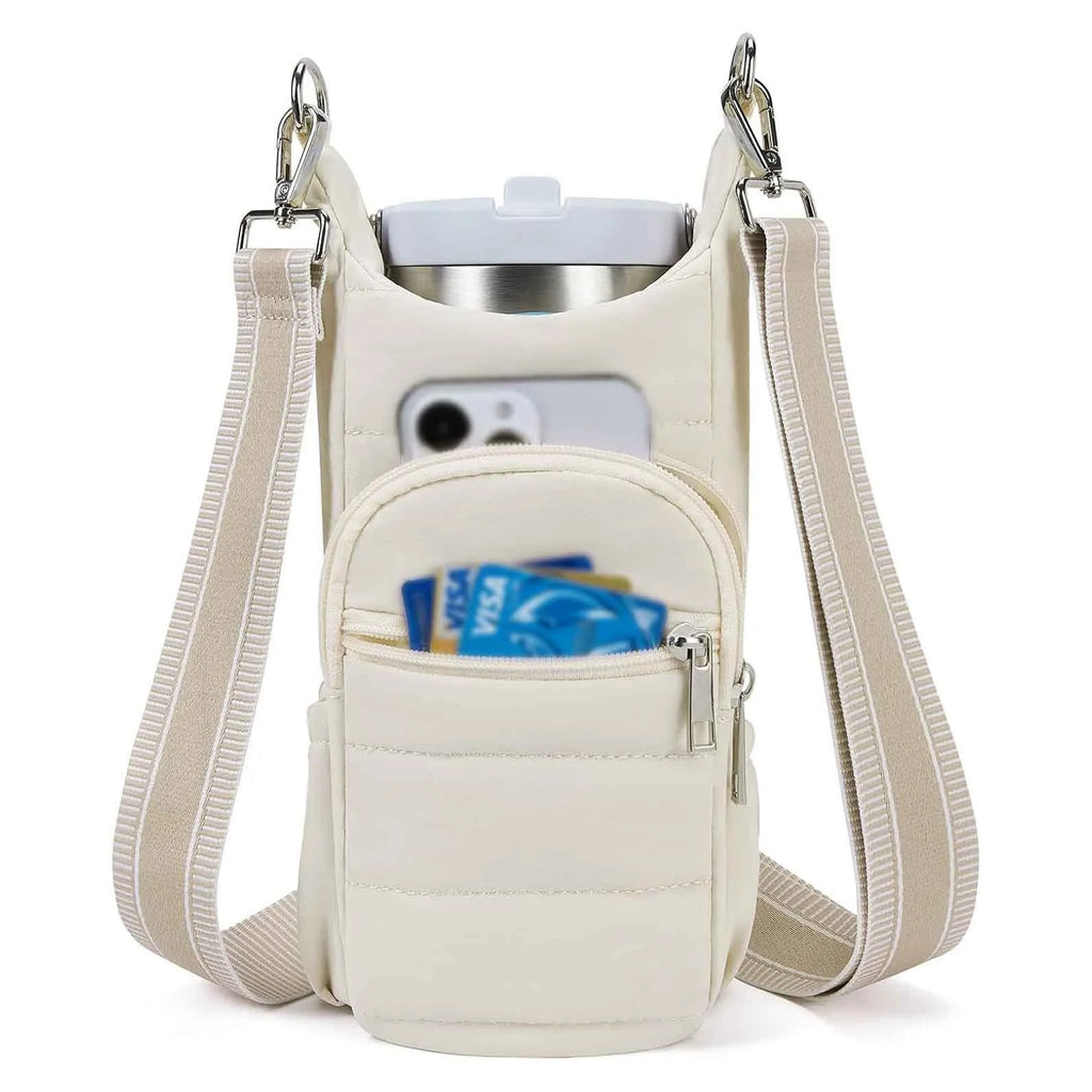 Cloth water bottle bag for bicycles shown in beige, black and pink colour options