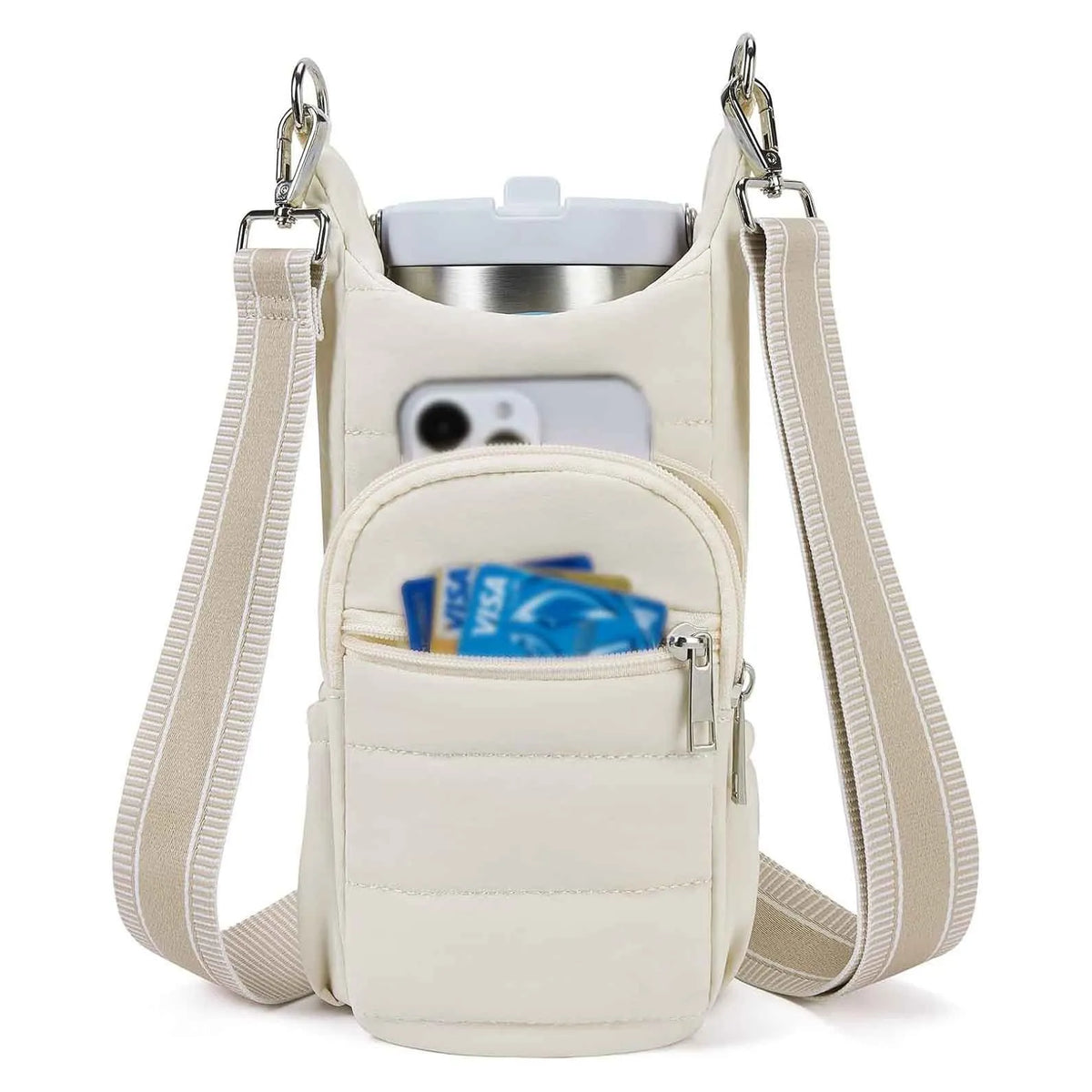 Cloth water bottle bag for bicycles shown in beige, black and pink colour options