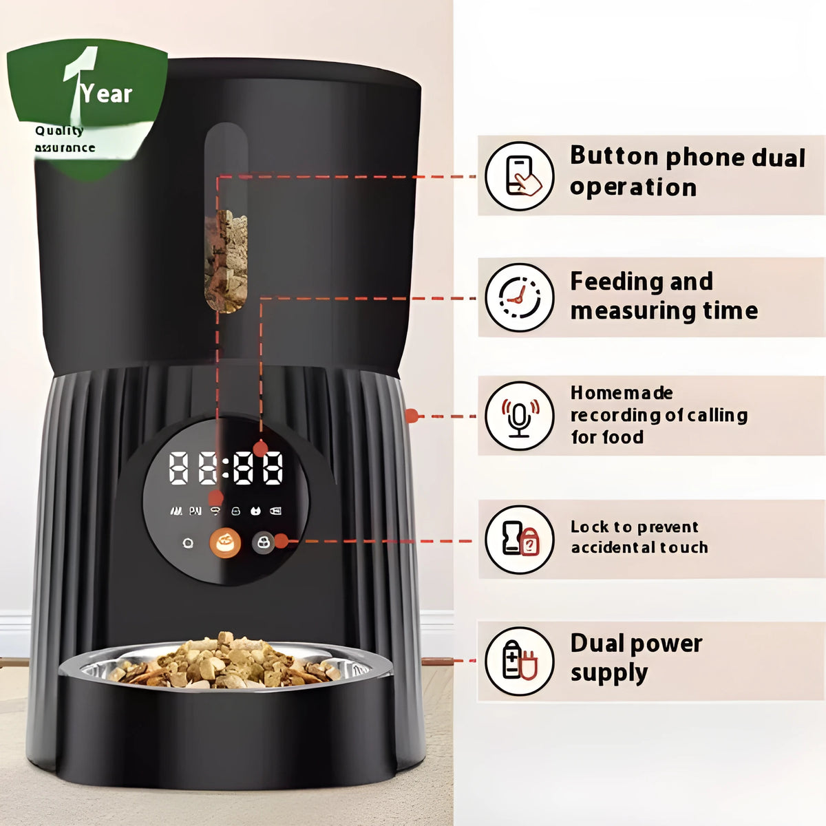 Black automatic pet feeder with digital display and food container showing portion control mechanism
