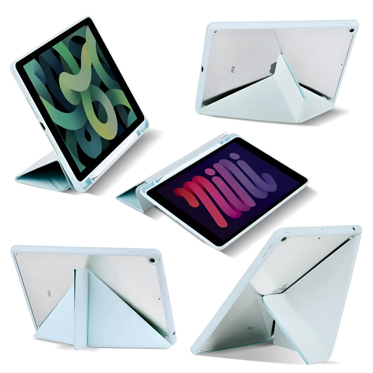 Acrylic Y-folding soft imitation leather iPad case in multiple colours, showing stand function and pen slot.