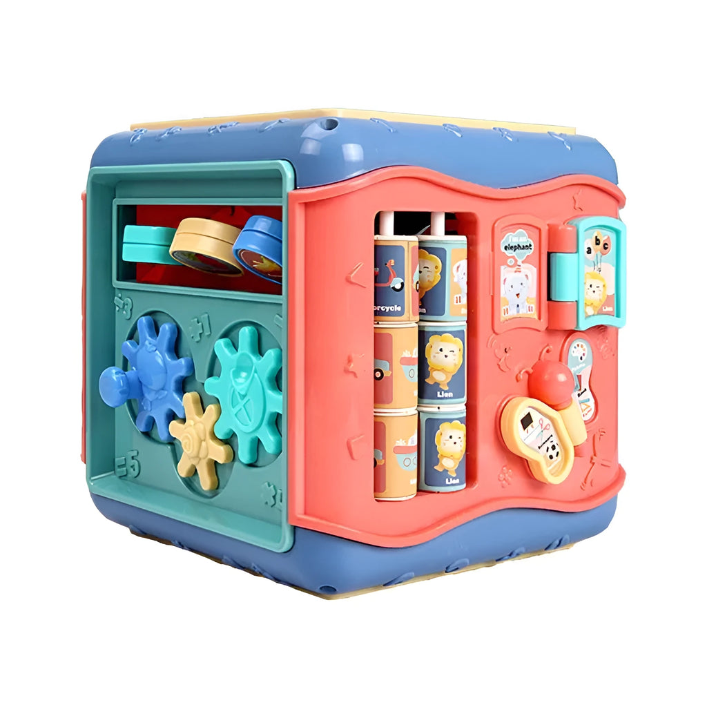 Baby hexahedron educational toy with six different games including bead maze and clock cognition