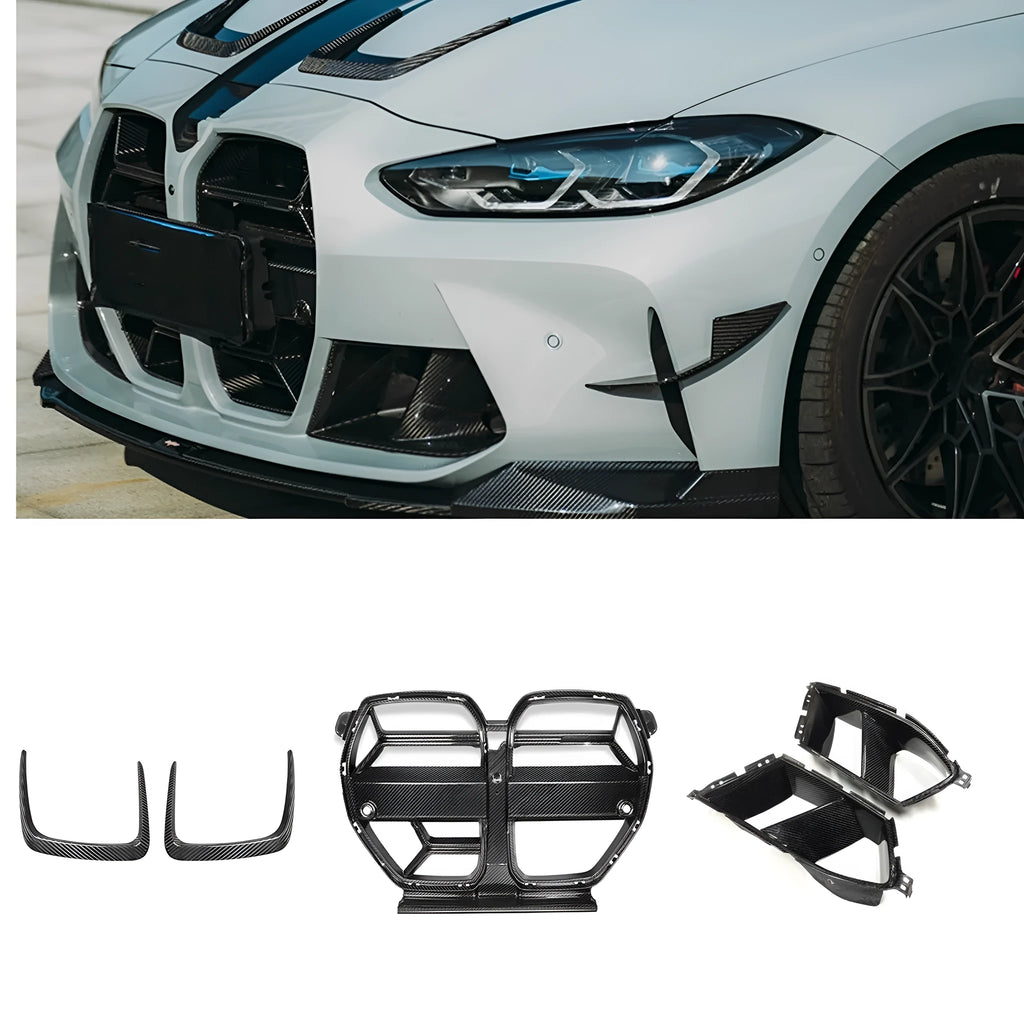 Black dry carbon fibre front bumper grille for BMW M3 M4 G80 G82 models showing 3K weave pattern.