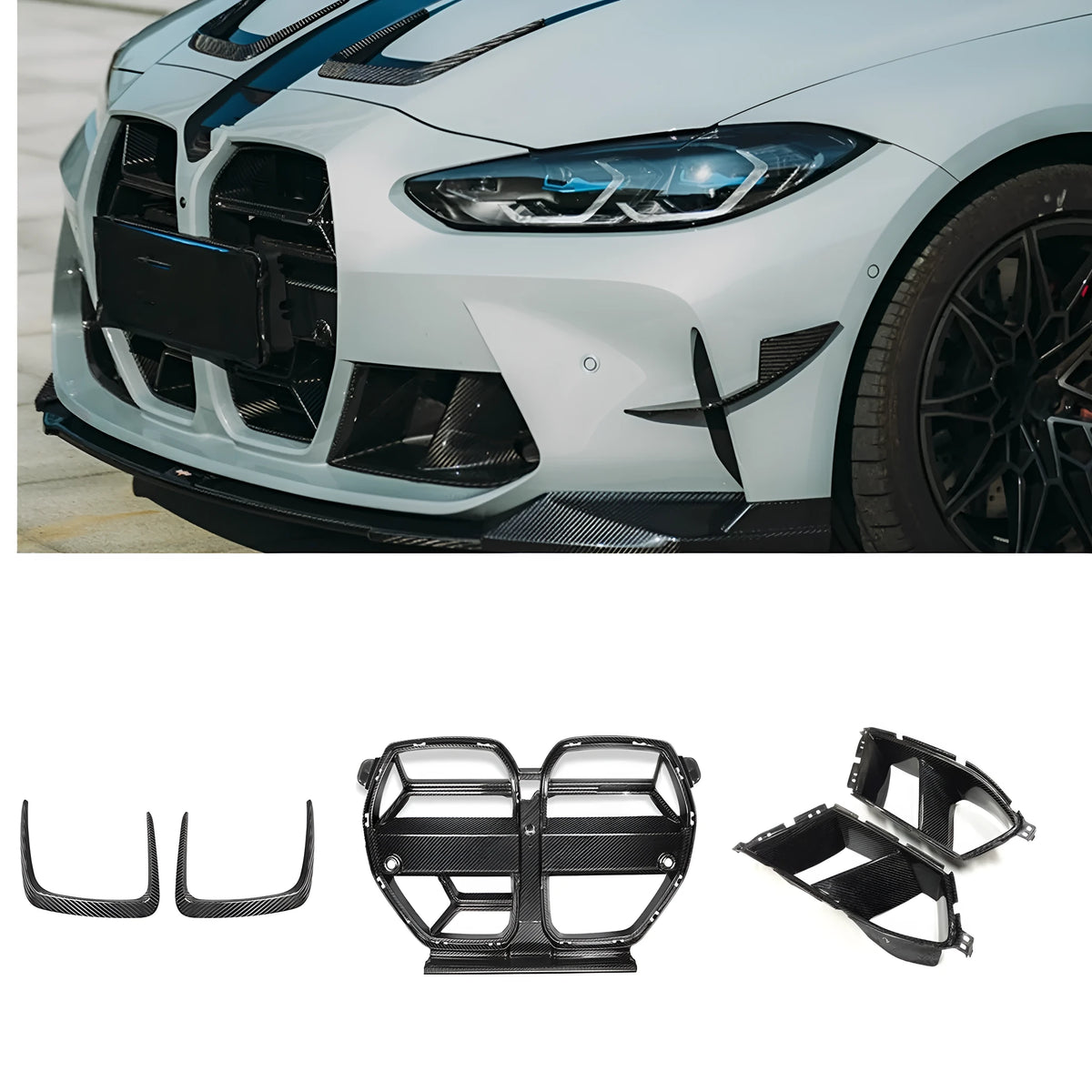 Black dry carbon fibre front bumper grille for BMW M3 M4 G80 G82 models showing 3K weave pattern.