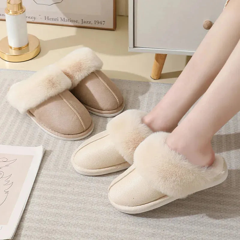 Brown plush women's slippers with a round toe, flat heel, and textured non-slip sole.