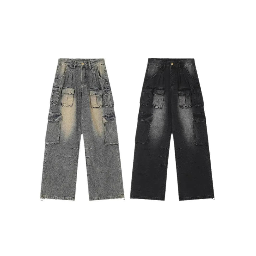 Loose multi-pocket distressed jeans with straight-leg cut and tooling style pockets