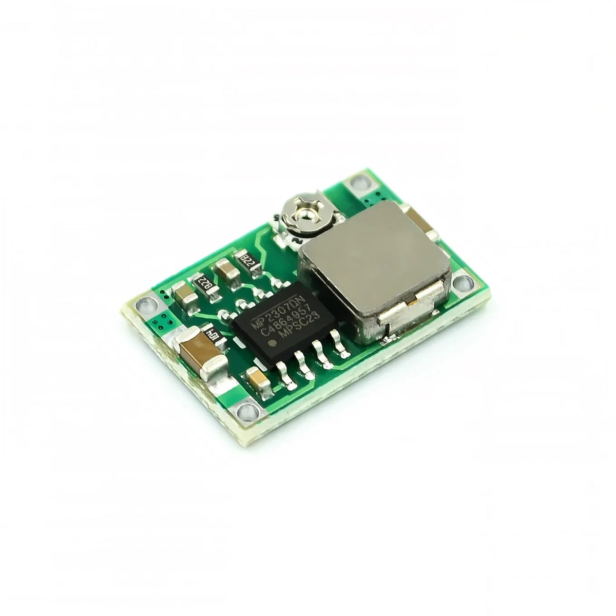 Mini-360 green DC-DC buck converter module measuring 17mm × 11mm with synchronous rectification