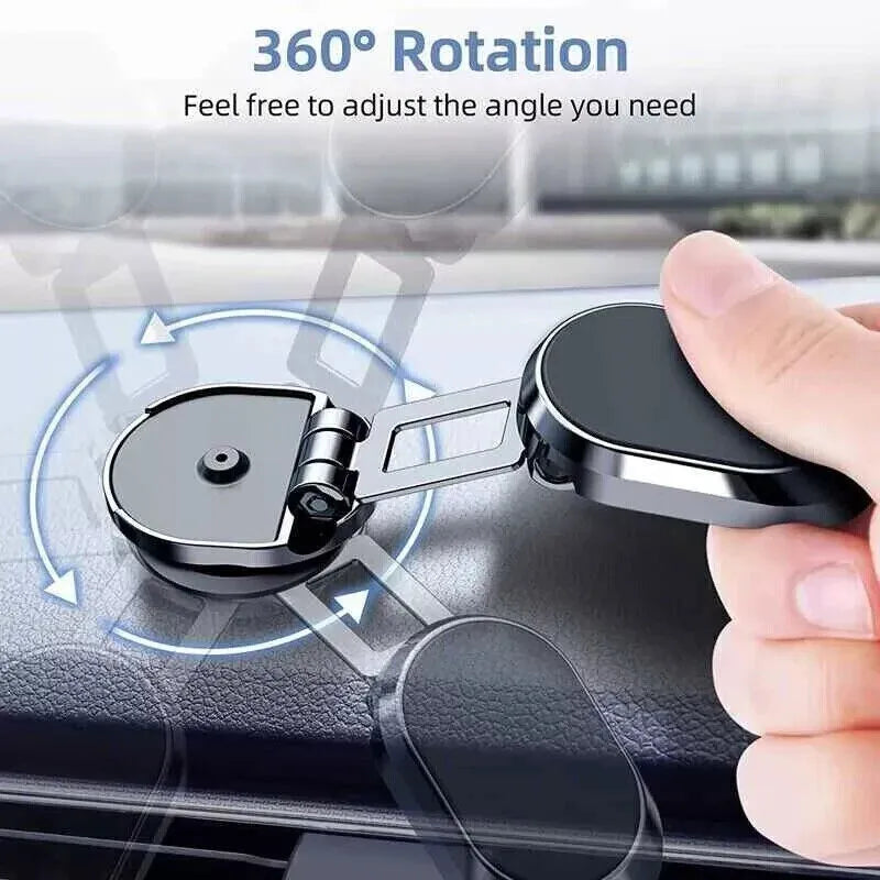 Chrome finish magnetic car phone holder with folded and extended positions showing adjustable head
