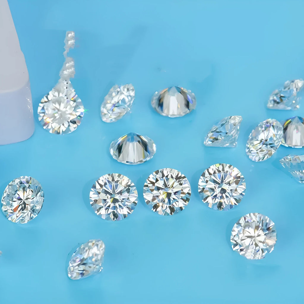 Round moissanite stone with eight hearts eight arrows cut pattern showing polished surface