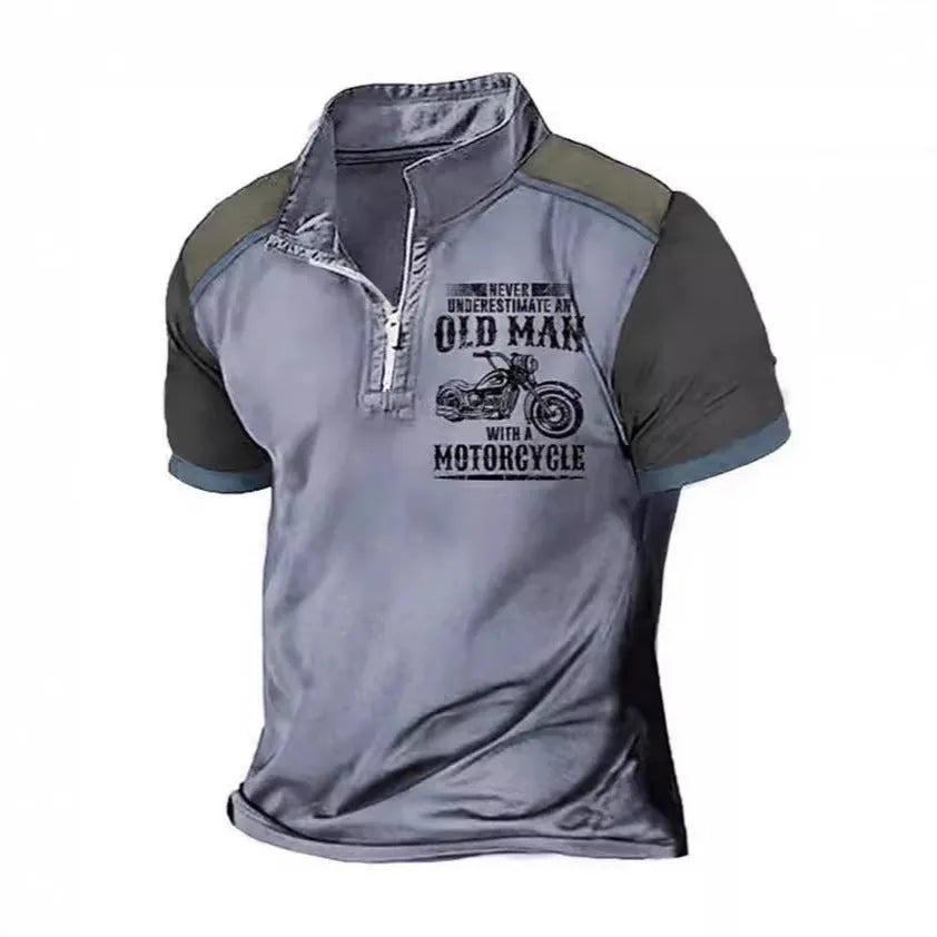 Men's short sleeve polo shirt with digital letter pattern and zipper decoration in polyester fabric