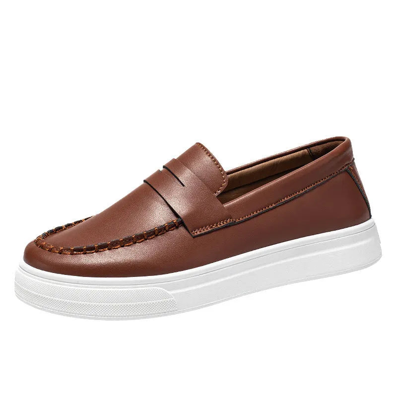 British style round toe casual shoes in PU leather, shown in white, black and white, and khaki colours.
