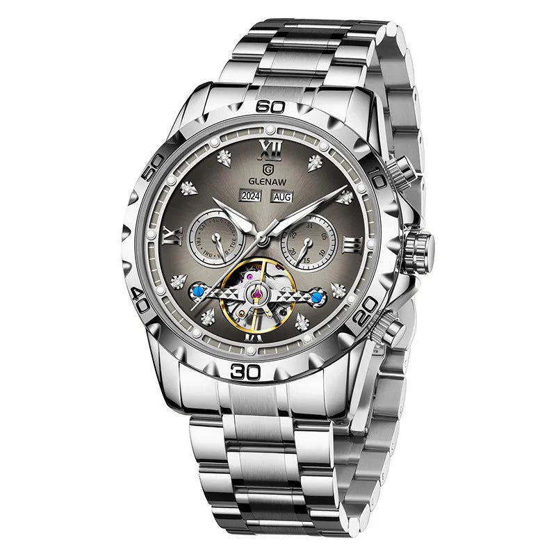 Automatic mechanical watch for men with stainless steel strap on wrist, showing metal case and watch face.