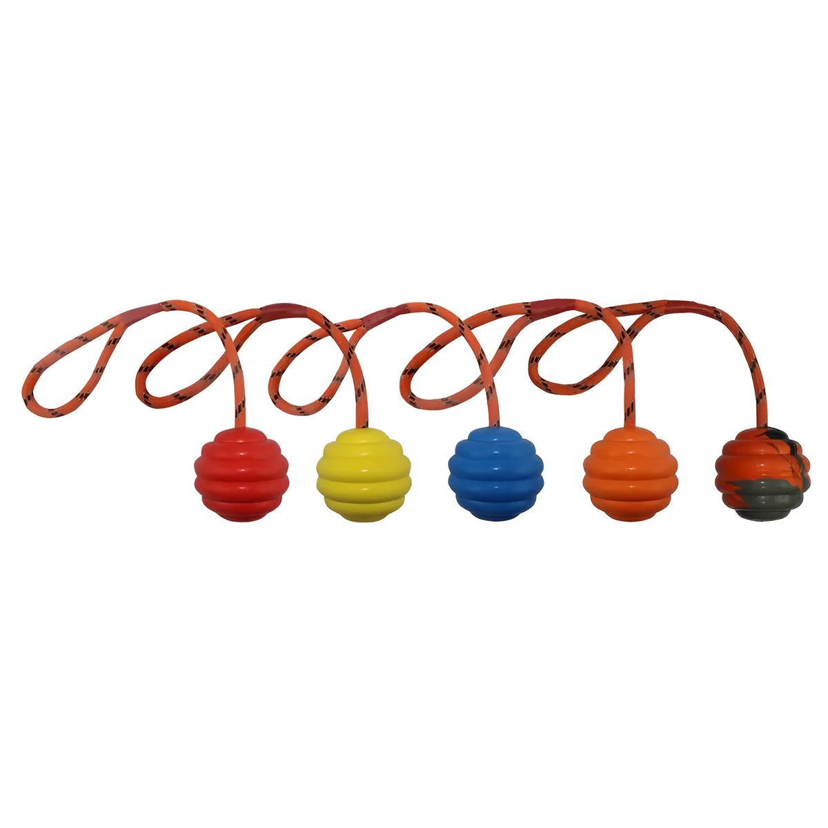 Multi-colour rubber ball dog toy with rope knot design measuring 6cm by 30cm
