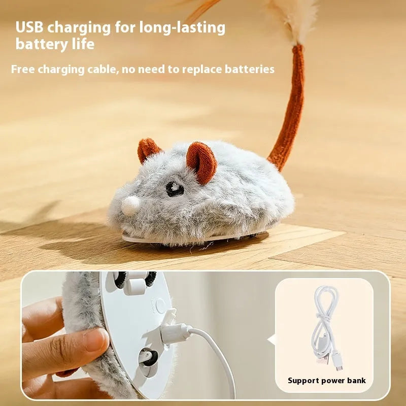 Interactive electric mouse cat pole toy in plush material with Type C charging port