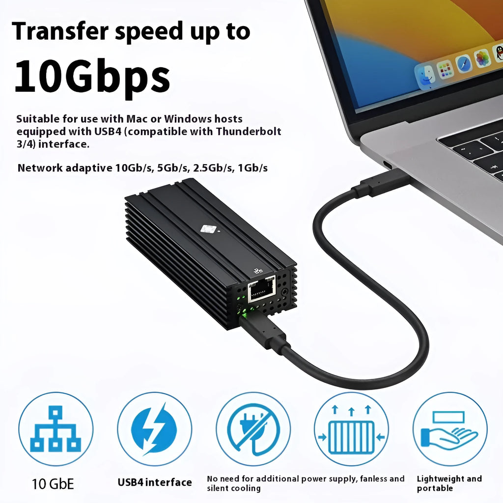Black Leyu USB4 to RJ45 10 Gigabit Ethernet network adapter dongle with 20cm cable