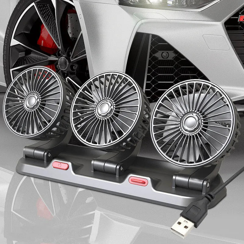 Three-head adjustable automotive electric cooling fan with a long power cable.