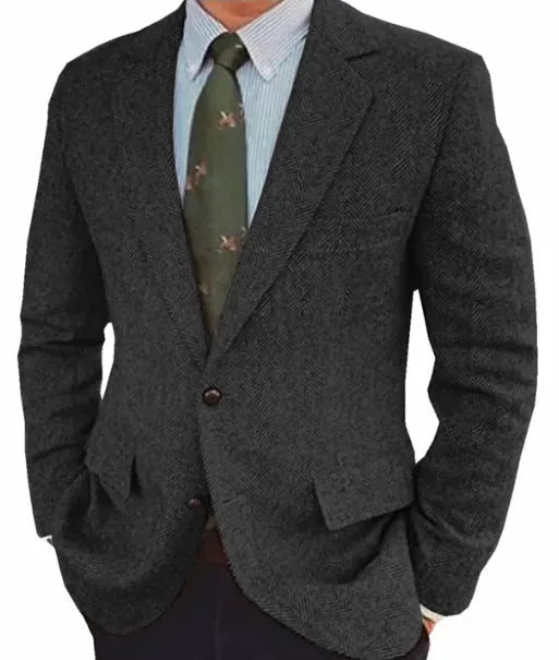 Men's brown herringbone suit jacket with long sleeves and retro business casual style.