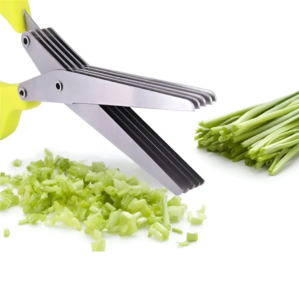 Multi-layer green onion scissors in stainless steel, 13.5 cm long, V-shaped blades in green, 3 or 5 layers