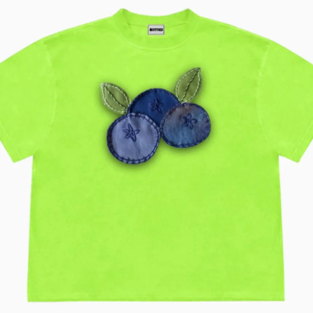 Loose fit patchwork T-shirt with floral fruit design in ice oxygen cotton fabric
