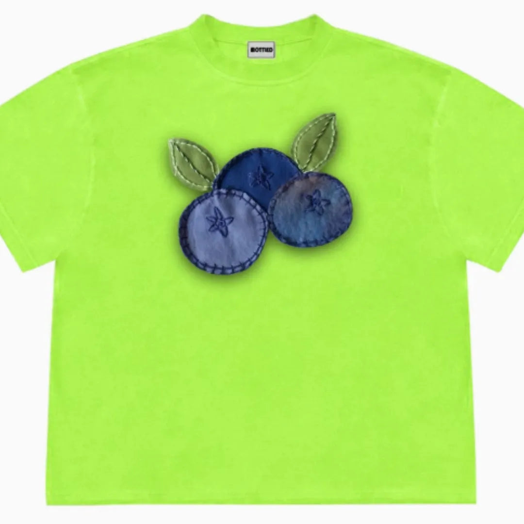 Loose fit patchwork T-shirt with floral fruit design in ice oxygen cotton fabric