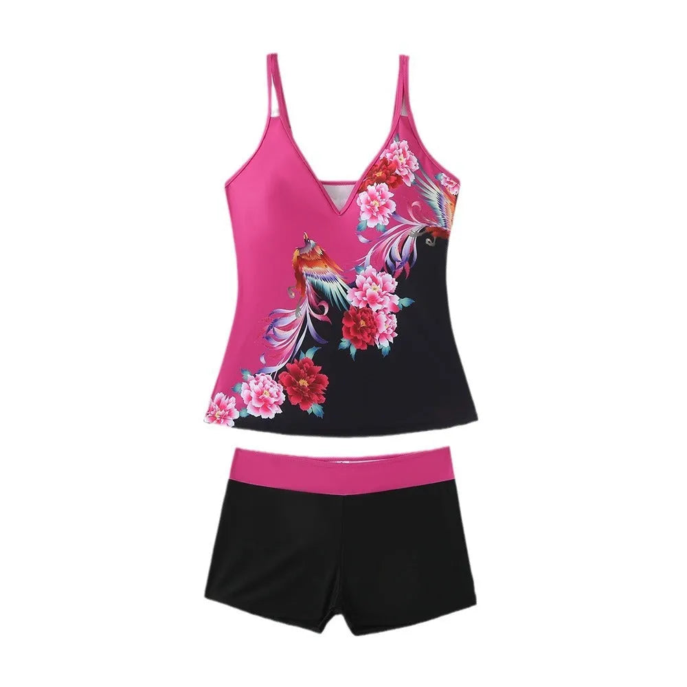 Plus size black split style swimsuit for women on a mannequin, showing brief cut.