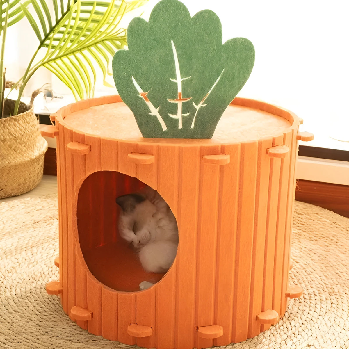 Brown carrot-shaped felt cat tunnel bed showing semi-enclosed design for feline sleeping