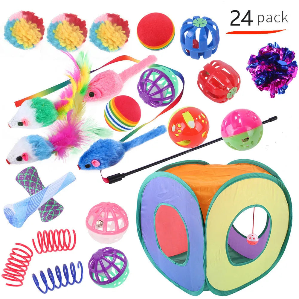 Plastic cat tunnel toy showing a channel structure, available in various colours with small random-colour accessories.