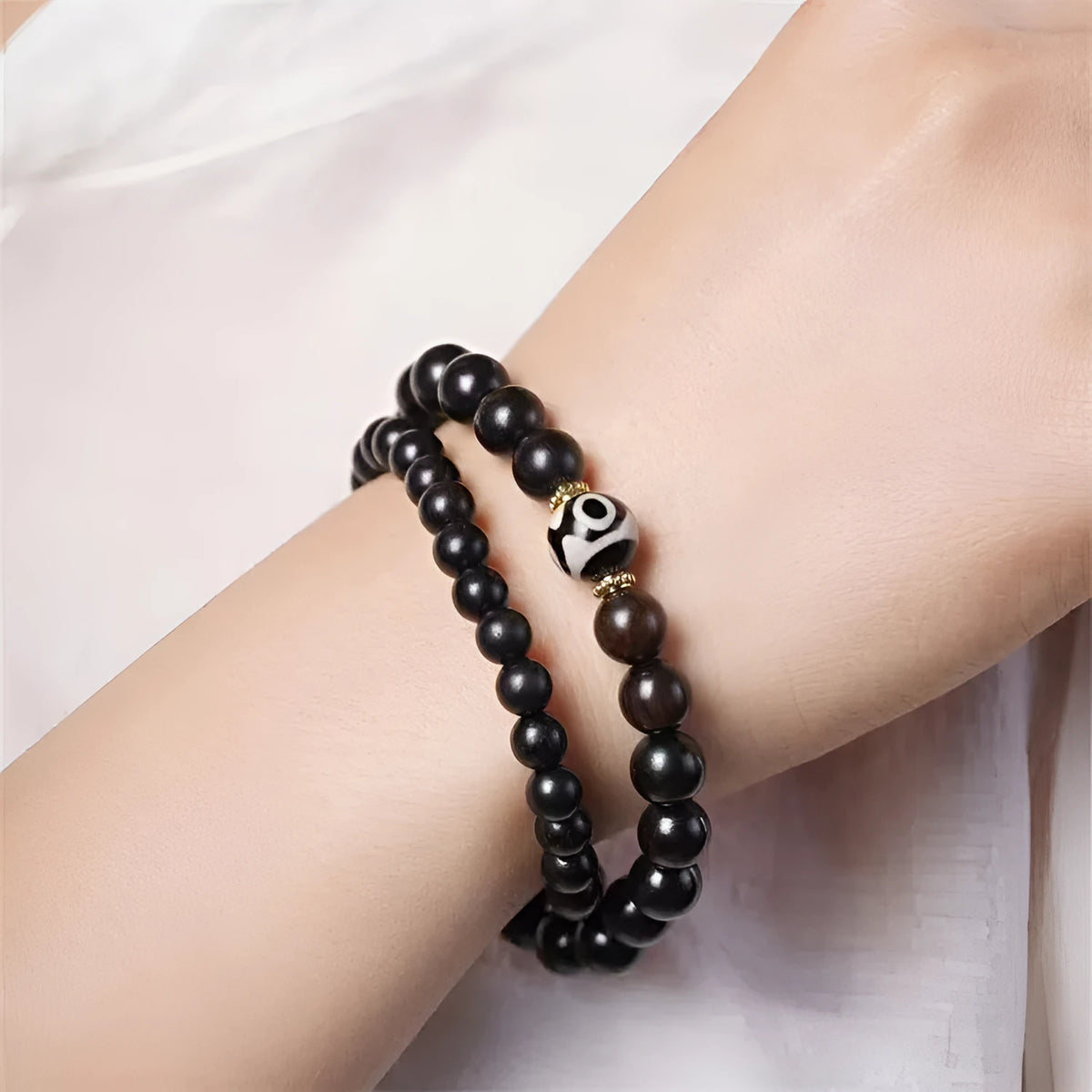 Brown ebony wood Tibetan bead bracelet with two circles of 8mm beads