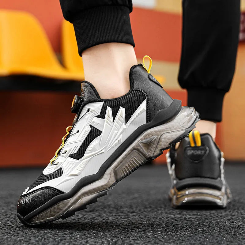 Men's black rotating button casual shoes with mesh upper and platform sole.
