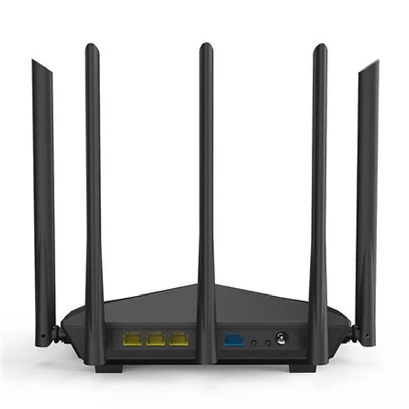 Black AC11 gigabit wireless router showing four ethernet ports with pure copper interfaces