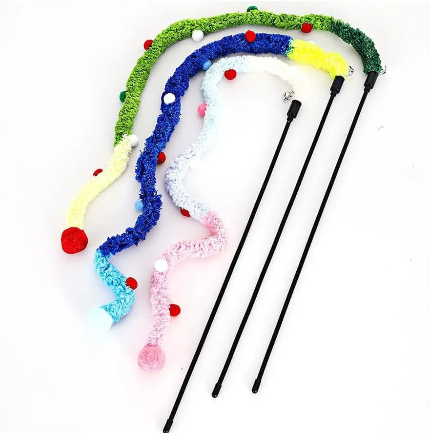 Colourful cat wand toy with plush strip and bell on 41cm pole for interactive play