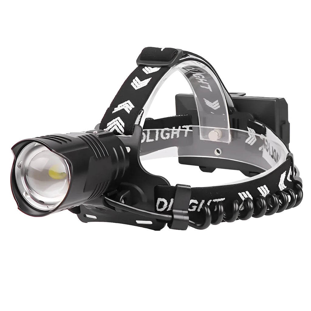 Black aluminium alloy USB rechargeable head torch with telescopic zoom lens.