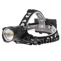 Black aluminium alloy USB rechargeable head torch with telescopic zoom lens.