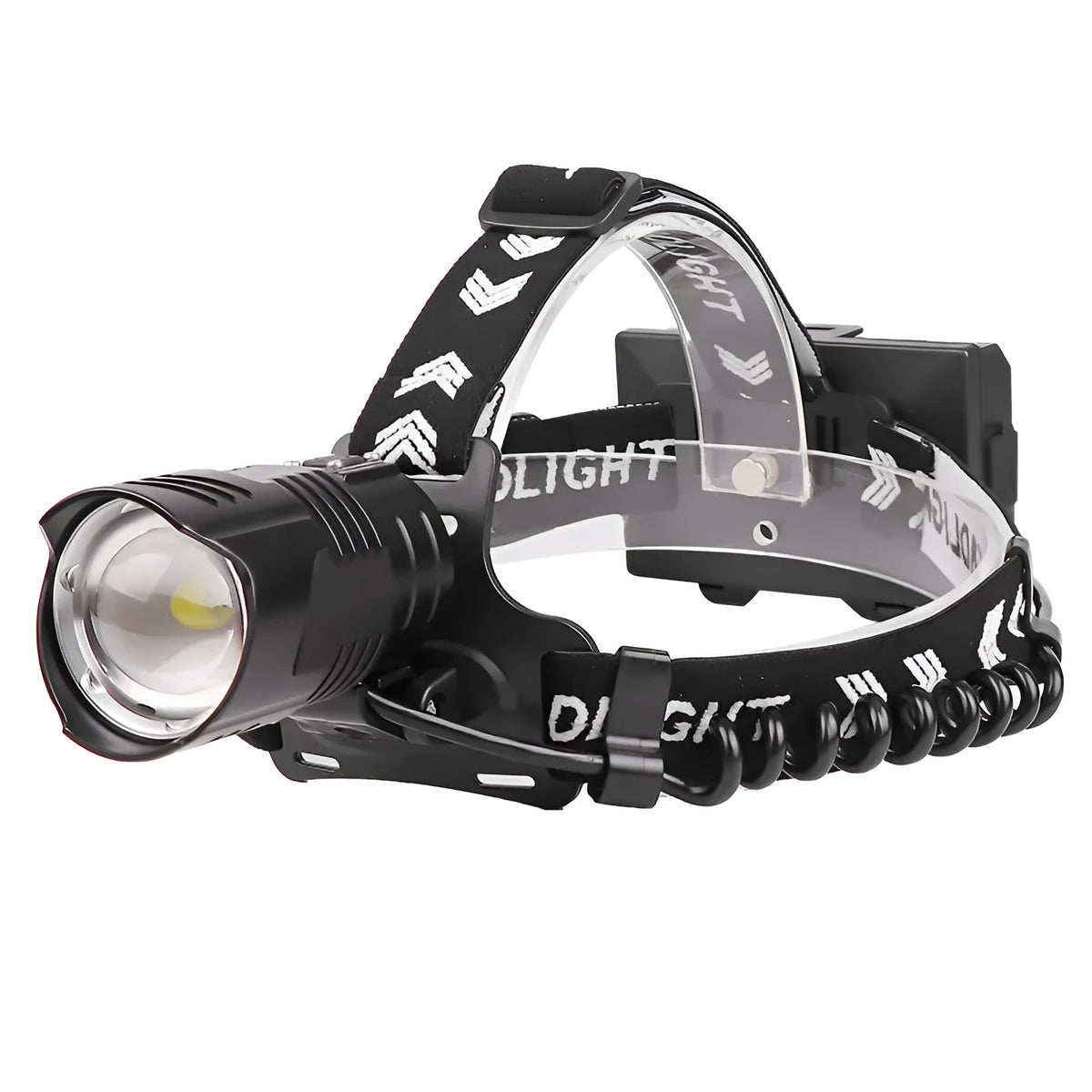 Black aluminium alloy USB rechargeable head torch with telescopic zoom lens.