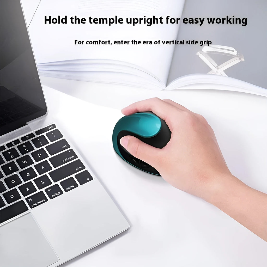 Black vertical ergonomic mouse shown from the side, highlighting its angled grip design.