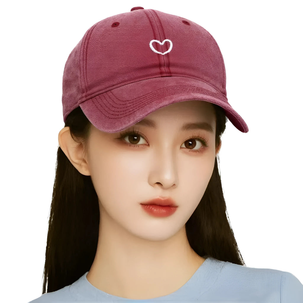 Retro baseball cap with embroidered small love design in soft cotton fabric, adjustable sizing